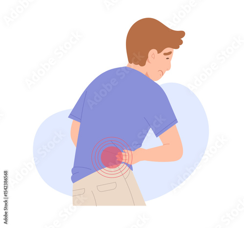 Young man is suffering from lower back pain. Backache caused by weak muscles or incorrect use of the muscles. Concept of office syndrome, back and spine injury. Flat vector illustration.