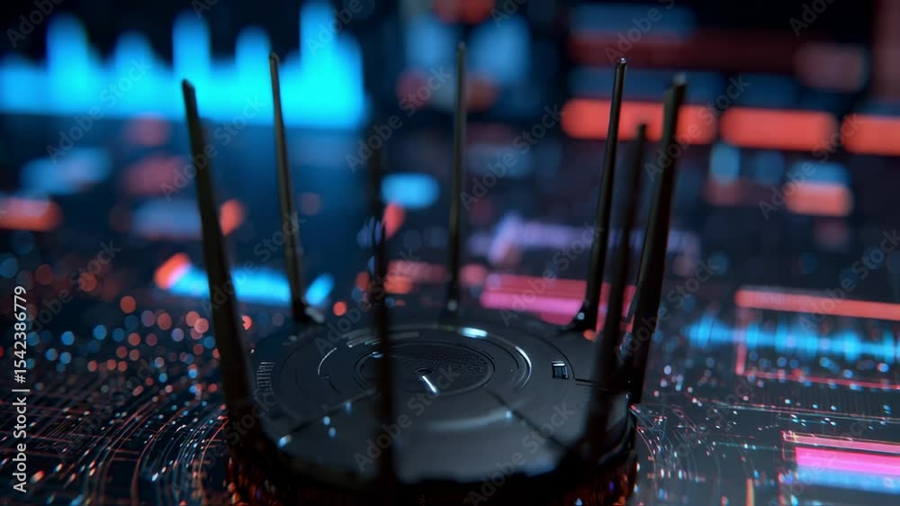 Futuristic router with multiple antennas is transmitting data in a digital environment, ensuring high speed internet access and showcasing innovation in networking technology