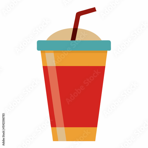 Red plastic cup with straw. A cup of cold beverage.