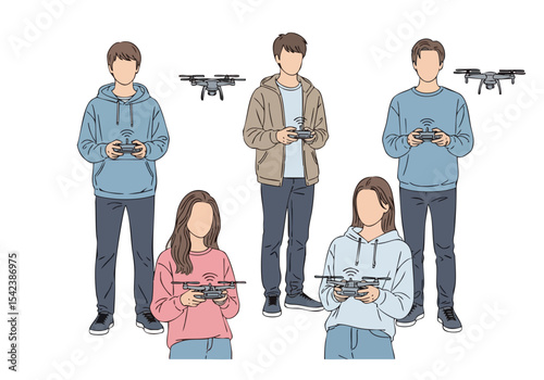 Minimalist Illustration Group of People Flying Drone Technology Hobby
