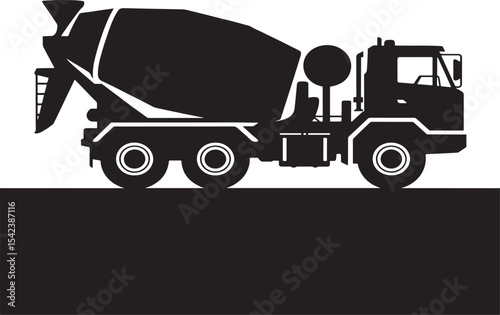 Black silhouette of a cement mixer truck on white background
