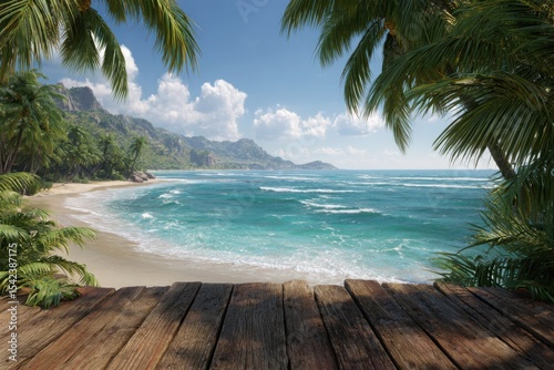Serene tropical beach scene with wooden deck view