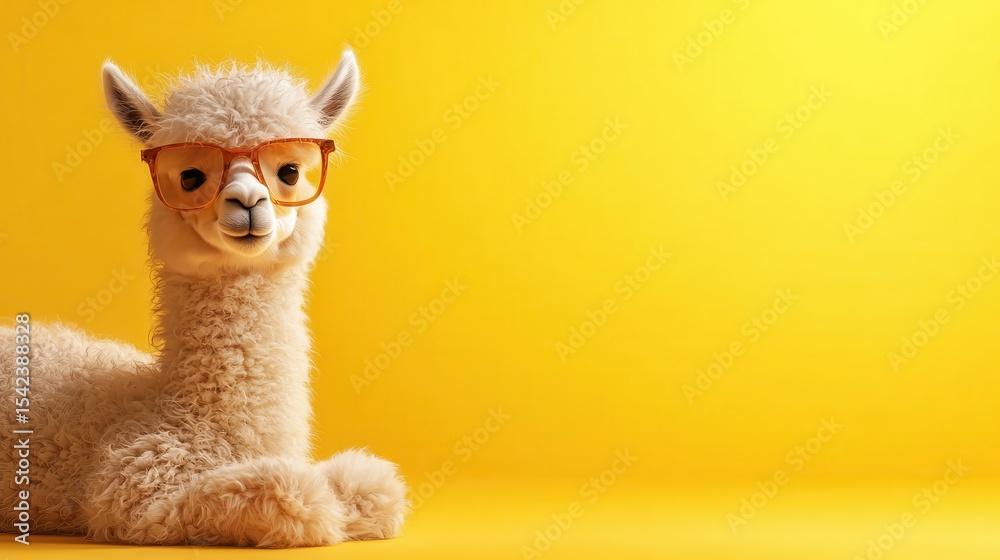 Fototapeta premium A whimsical alpaca wearing glasses against a vivid yellow backdrop, showcasing the playful intersection of nature and modern fashion in a light-hearted manner.
