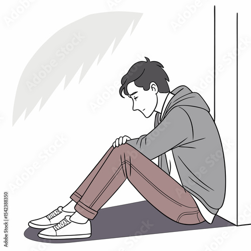 Sad Depressed Teen Boy Sitting Alone | Mental Health Vector Illustration