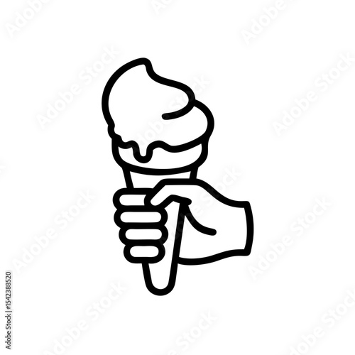 Hand Holding Melting Ice Cream Cone Summer Treat Black Line Art Illustration icecream