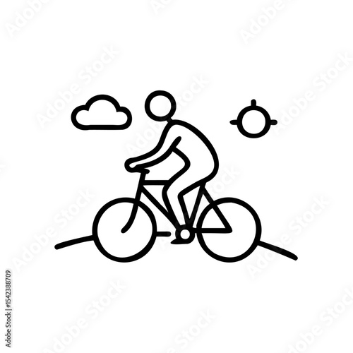 Simple Line Drawing Person Riding Bicycle Summer Day Sun Cloud Handmade Illustration