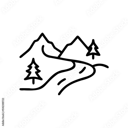 Black Line Drawing Summer Mountain River Landscape Two Pine Trees Hand Drawn Illustration Simple Nature Scene