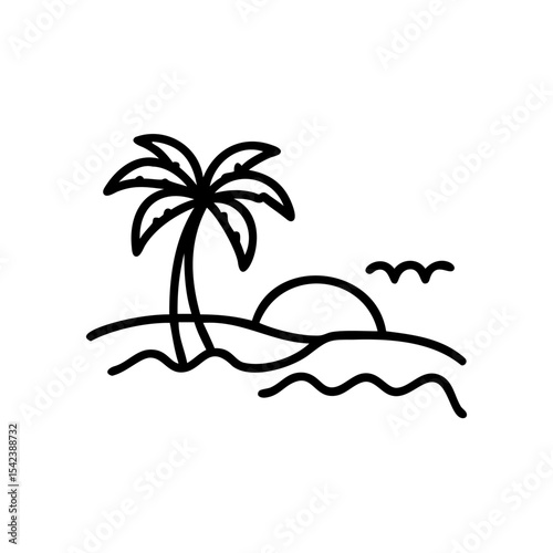Black Line Drawing Palm Tree Ocean Sunset Summer Beach Seascape Handmade Illustration