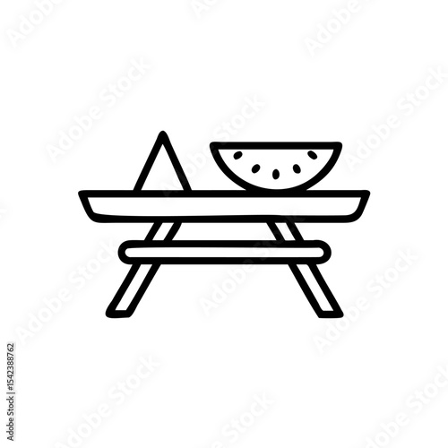 Black Line Drawing Simple Picnic Table Summer Watermelon Slice Triangle Food Summertime Outdoor Meal