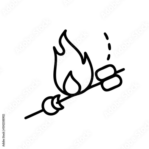 Summer Campfire Marshmallows Roasting on Stick Black Line Art Icon Illustration Handmade Design