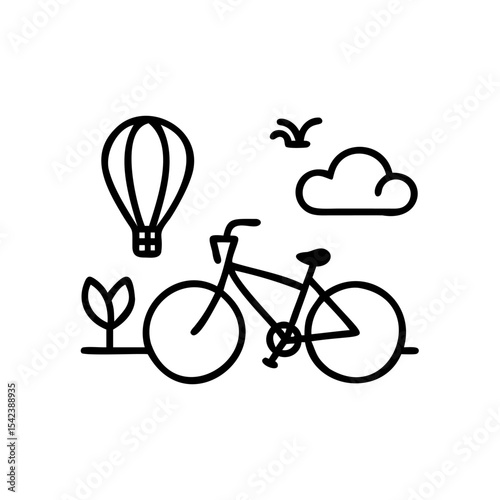 Black Line Drawing Bicycle Hot Air Balloon Summer Scene Handmade Illustration bike