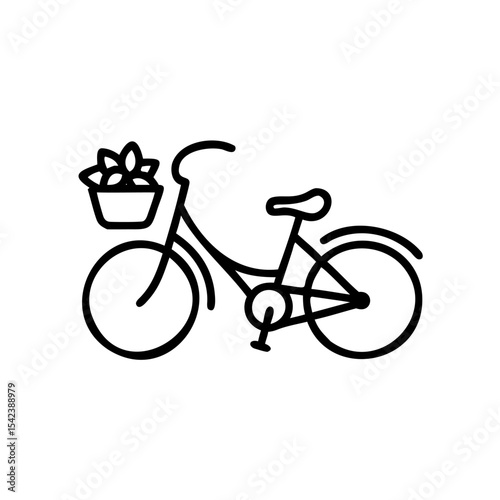 Black Line Drawing Bicycle Summer Plants Basket Wheels Pedals Handmade Illustration
