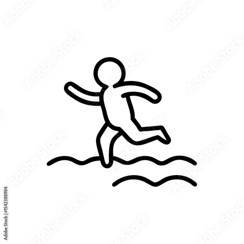 Simple Line Drawing of Person Running in Water Summertime Icon Handmade Illustration