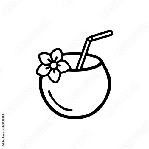 Black Line Drawing Summer Coconut Drink Tropical Flower Straw Handmade Illustration