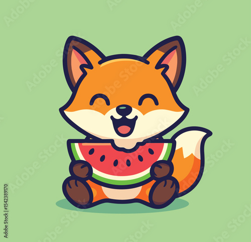 Cute fox eating watermelon cartoon vector icon illustration animal summer fruit food icon isolated flat