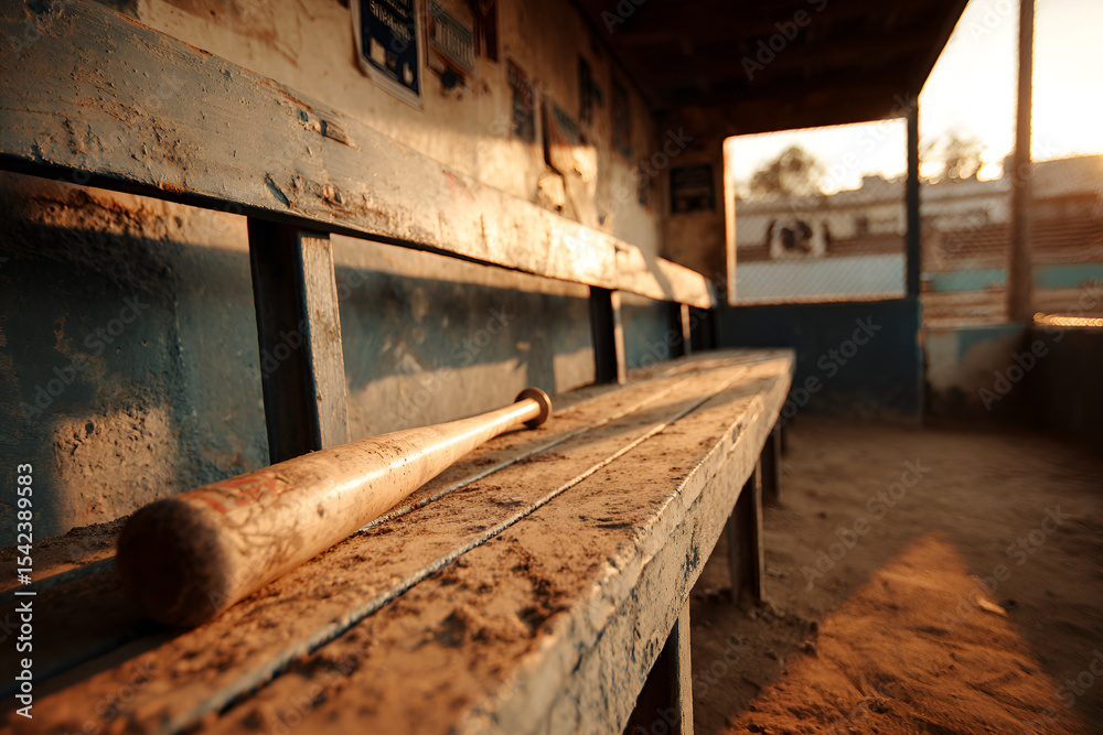 Obraz premium Wooden baseball bat resting on dugout bench in golden hour light