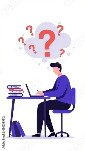 Person with many question marks above their head working at a desk