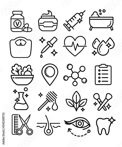 Health, Beauty and Wellness Line Icons – Skincare, Nutrition, and Medical Symbols on Transparent Background