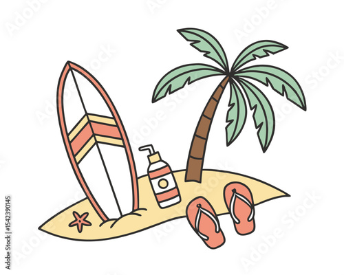 Summer Beach Vacation Illustration with Surfboard Palm Tree and Flip Flops
