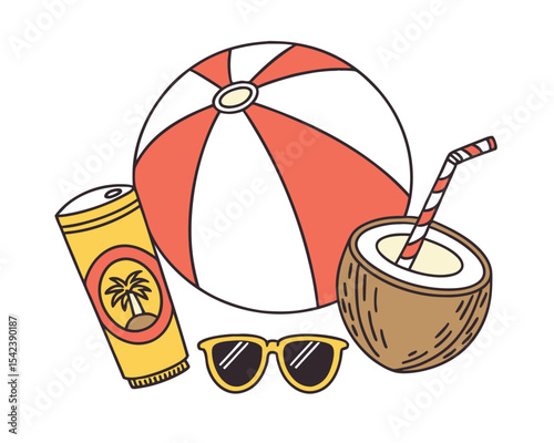 Summer Vacation Essentials Beach Ball Coconut Drink Sunglasses Sunscreen