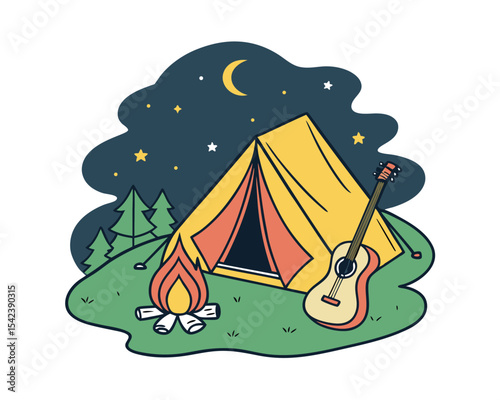 Night Camping Scene with Tent Fire and Guitar