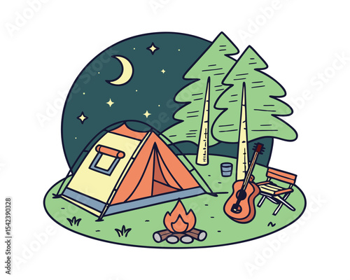 Night Camping Scene with Tent Fire Guitar and Trees