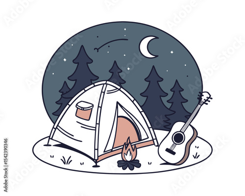 Night Camping Scene with Tent Fire and Guitar