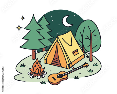 Night Camping Scene with Tent Fire and Guitar