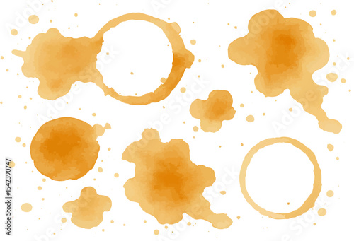 Abstract watercolor coffee stain art featuring multiple circular stains and splashes in warm brown tones on a white background, ideal for creative projects, textures, or artistic designs.