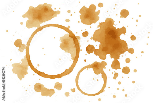 Abstract watercolor coffee stain art featuring multiple circular stains and splashes in warm brown tones on a white background, ideal for creative projects, textures, or artistic designs.