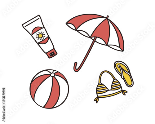 Summer Beach Essentials Illustration Sunscreen, Umbrella, Beach Ball, Bikini, Flip Flops