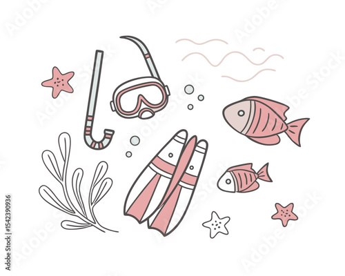 Cute Underwater Scuba Diving Illustration with Fish and Starfish