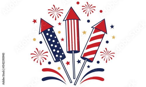 Foto Patriotic fireworks rockets design isolated on white background
