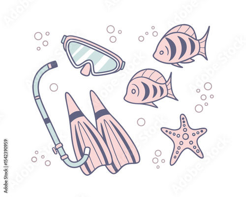 Snorkeling Gear with Tropical Fish and Starfish Illustration