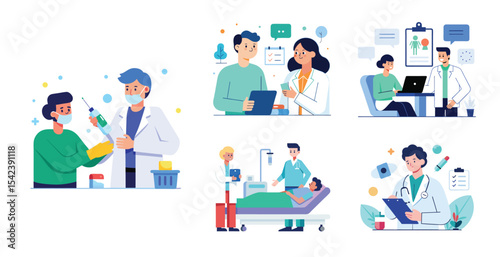 Collection of scenes with doctor and patient activities illustration. Trendy vector style