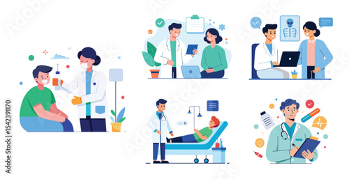 Collection of scenes with doctor and patient activities illustration. Trendy vector style