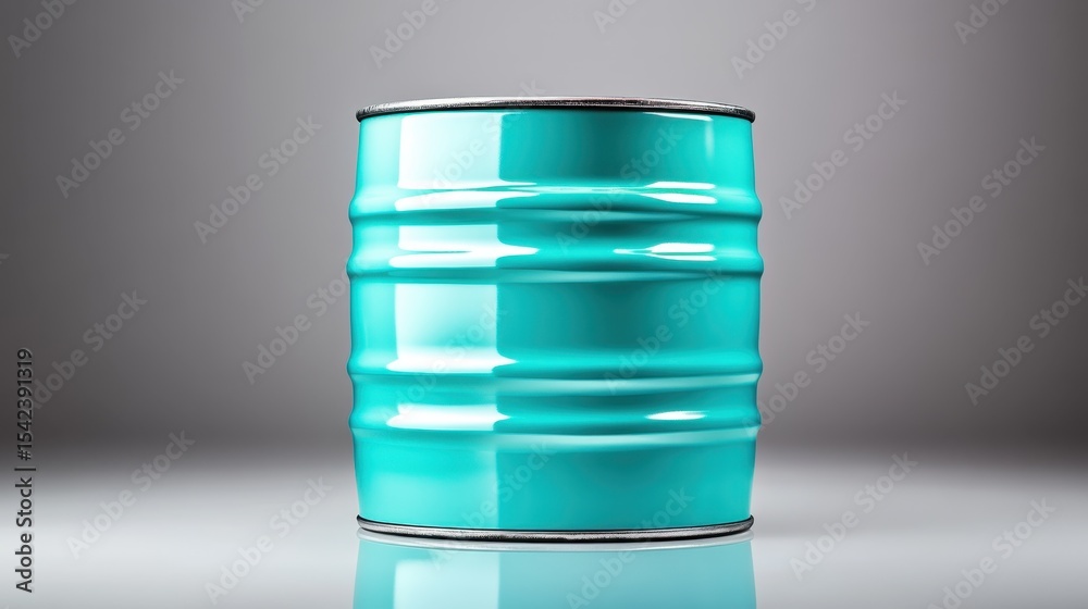 Obraz premium A stylish turquoise barrel on a reflective surface, showcasing a modern aesthetic and playful color contrasts that evoke feelings of creativity and freshness.