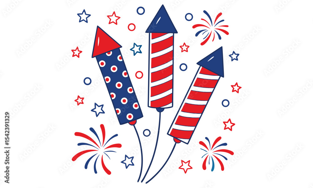 Fototapeta premium Patriotic fireworks rockets design isolated on white background