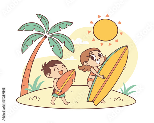 Happy Children Carrying Surfboards on Sunny Beach