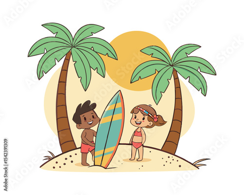 Happy Children with Surfboard on Tropical Beach