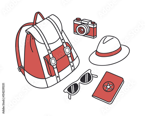 Travel Essentials Flat Lay Illustration Backpack Camera Hat Sunglasses Passport