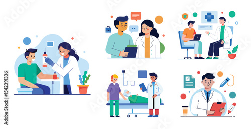 Collection of scenes with doctor and patient activities illustration. Trendy vector style