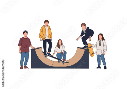 Illustrated Young People Skateboarding Together at Skate Park Ramp Graphic
