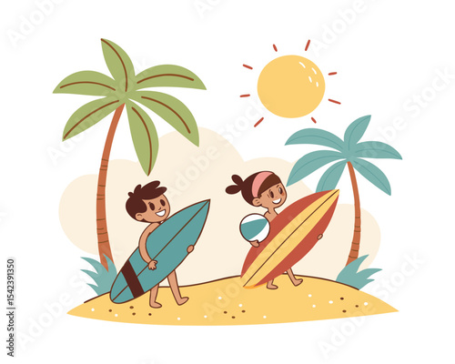 Happy Children with Surfboards on Tropical Beach