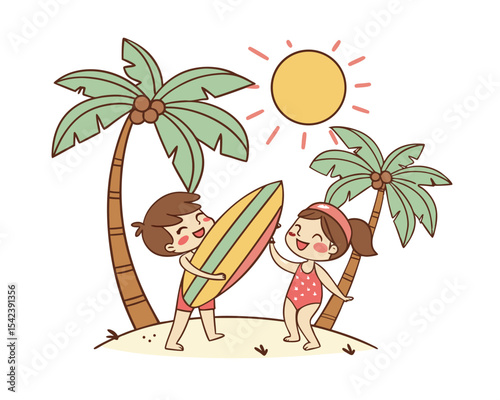 Happy Children with Surfboard on Tropical Beach