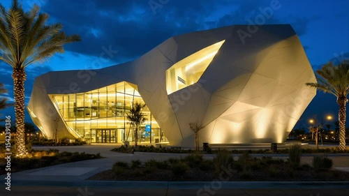 Modern, sculpted building at dusk, illuminated