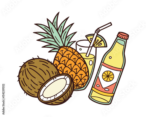 Tropical Fruits and Refreshing Drinks Illustration