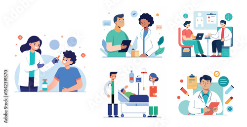 Collection of scenes with doctor and patient activities illustration. Trendy vector style