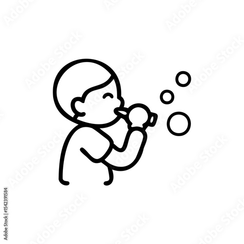 Happy Child Blowing Soap Bubbles Simple Line Art Illustration Black White Handmade Kid