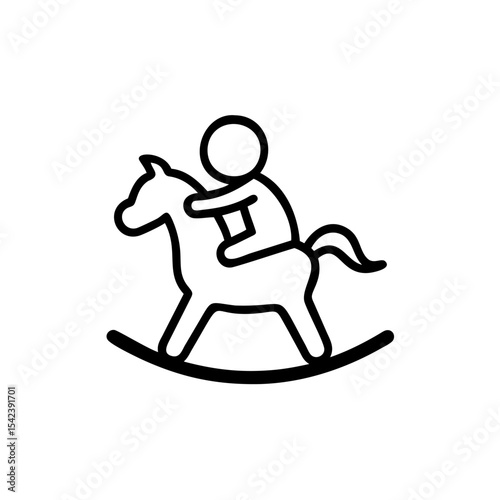 Black Line Drawing Child Riding Rocking Horse Toy Simple Icon Childrens Playtime Handmade Kid